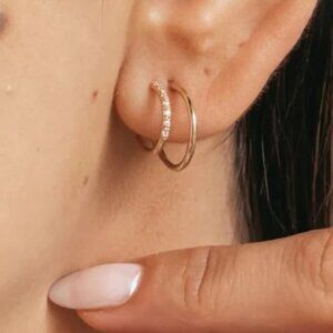 Double Huggie Earrings Gold Sterling Silver Pave Cubic Zirconia Non Tarnish CUTE